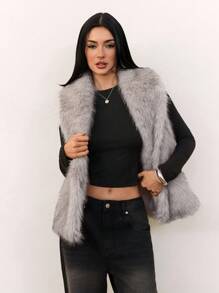 SHEIN Tall 女士纯色优雅通勤无袖仿皮草夹克，秋冬 - 卡其色 - 查看 9