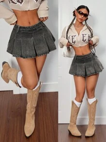 SHEIN PETITE 女式褶皱短款休闲牛仔迷你裙 - 黑色 - 查看 1