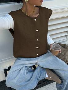 Siren Gaze Áo len cardigan len màu mơ đơn sắc ngắn tay cho nữ, áo khoác len cài nút kim loại - màu nâu - Xem 6