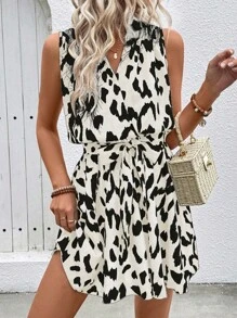 SHEIN PETITE Women's Leopard Print Wrap Front Sleeveless Casual Dress - Apricot - View 6