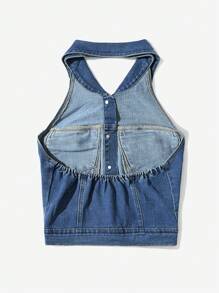 Rina Fox 时尚休闲无袖牛仔夹克和外套 - 深色水洗藍 - 查看 2