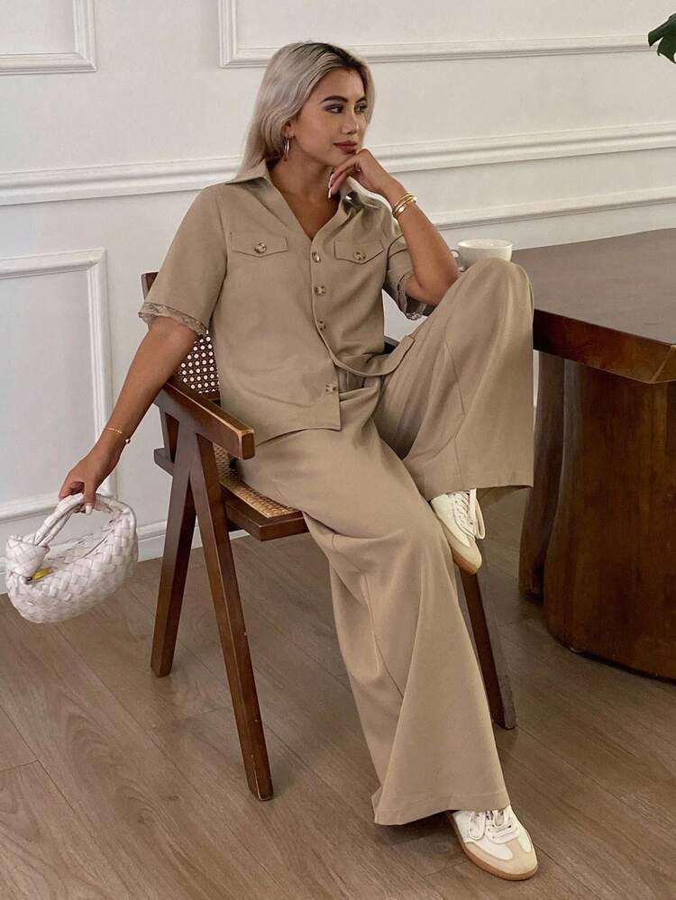 2pcs Women's Casual Lace Trim Blouse And Wide Leg Pants Set