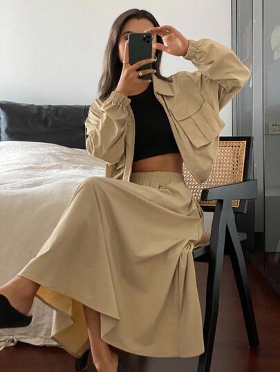 DAZY 2pcs Women Casual Solid Color Loose Long Sleeve Utility Shirt, Zip-Up Collar & A-Line Skirt Set, Autumn/Winter