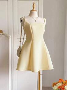 INAWLY Abito elegante semplice senza maniche con scollo quadrato, taglia comoda, in colore unito per donne curvy