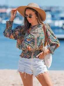 Sylviya 女士圆领泡泡袖荷叶边休闲通勤衬衫 - 彩色 - 查看 3