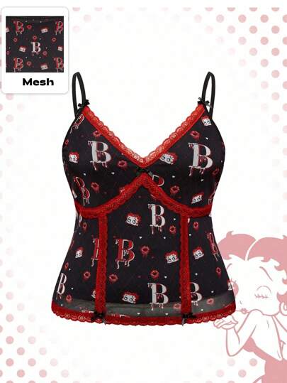 Betty Boop | ROMWE Débardeur grande taille sexy à bretelles fines avec contraste de dentelle et imprimé en maille