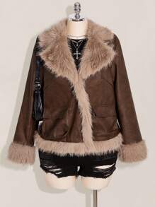 SHEIN ICON Plus Size Vintage PU Leather Patchwork Faux Fur Collar Double Pocket Jacket Fur Jacket Women Brown Fur Jacket Women Fur Coat Faux Fur Jacket Women Brown Jacket Women Winter Fall Autumn