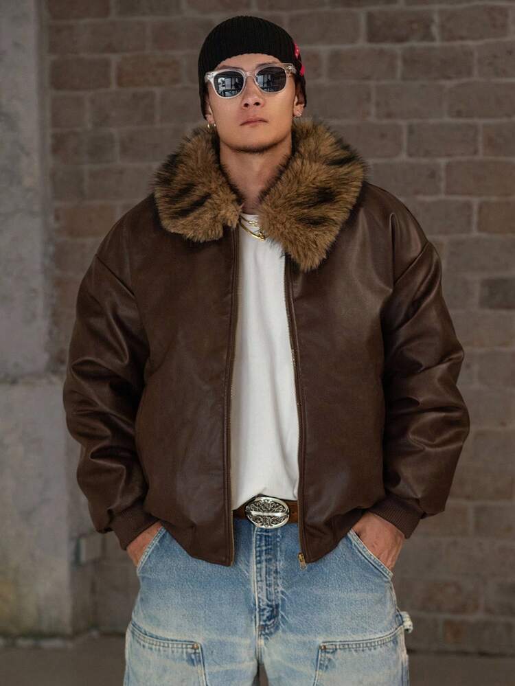 Men's Brown Padded Coat With Detachable Collar, Autumn/Winter Jacket Leather Jacket