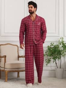 DAZY Men's Plaid Red Pattern Letter Embroidery Loungewear Set, Autumn Pajama - Red - View 1