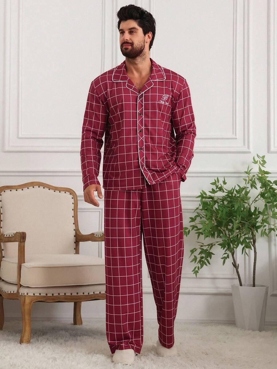 DAZY Men's Plaid Red Pattern Letter Embroidery Loungewear Set, Autumn Pajama - Red - View 1