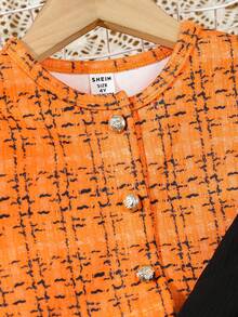 SHEIN Young Girl Plaid Long Sleeve Single-Breasted Jacket, Long Sleeve Top And Mini Skirt Fashion Set Orange Two Piece Set Kids Kids Two Piece Jacket With Skirt Tween Orange Outfit Orange Girl Outfit Orange Kids Skirt Set Fall Winter - Orange - View 6