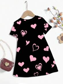 SHEIN Heart Cat Design, Pink Casual Simple Short Sleeve Mid-Length Dress For Young Girls, Suitable For Summer & Autumn