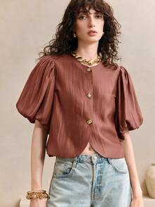 Arave 女式夏季编织闪亮金线泡泡灯笼袖圆领纹理设计衬衫，短袖上衣 - 紫紅色 - 查看 5