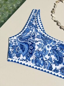 SHEIN Swim 女士一字肩印花時尚泳衣套裝嘉年華