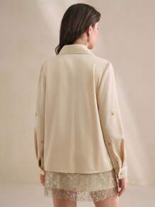 Anewsta Áo sơ mi dài tay dáng rộng cho nữ màu trơn, thêu hạt cườm, trễ vai - Màu be - Xem 2