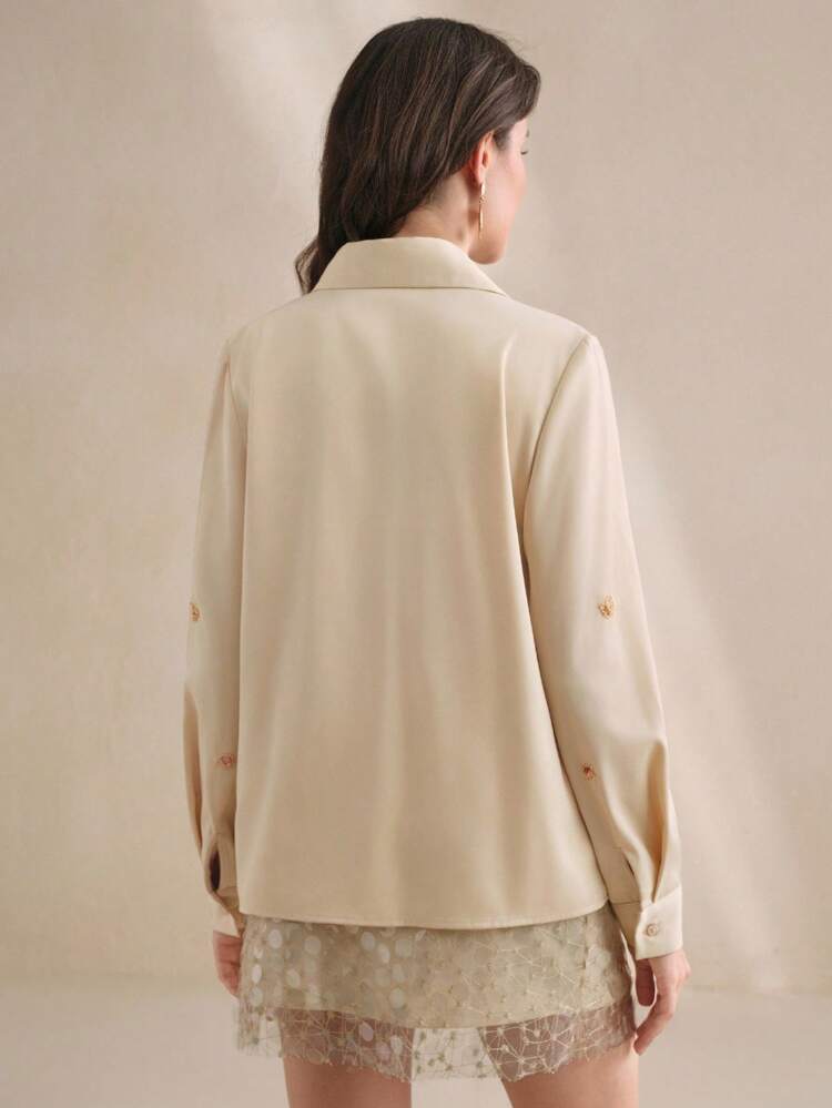 Women's Loose Fit Long Sleeve Shirt With Solid Color, Beaded Embroidery Decor, Dropped Shoulder