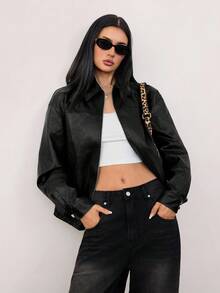 SHEIN Tall Women's Fall Winter Casual Daily Fashion Street Zip-Up Loose Jacket, Autumn Black Leather Jacket Women