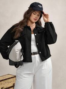 Zelara Plus Size Women's Loose Fit Drop Shoulder Textured Long Sleeve Casual Jacket For Fall Winter Autumn - Black - View 1