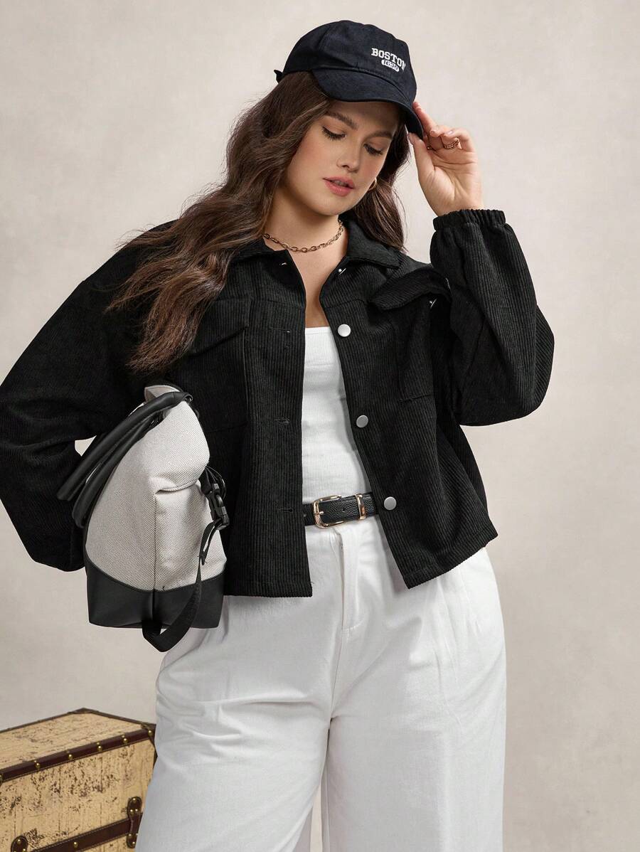 Zelara Plus Size Women's Loose Fit Drop Shoulder Textured Long Sleeve Casual Jacket For Fall Winter Autumn - Black - View 1