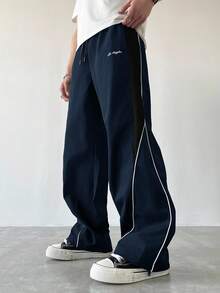 Manfinity EMRG Men's Casual Color Block Drawstring Straight Leg Pants, Loose Fit Long Patchwork Black Straight Leg Sweatpants, Fall - Navy Blue - View 3