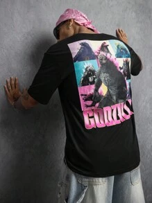 GODZILLAxKONG X SHEIN 男式字母与怪物图案短袖 T 恤 - 黑色 - 查看 3