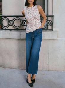 SHEIN Unity Floral Pring Lace Ruched Sleeveless Summer Top With Asymmetric Hem Cute Summer Top Back To School Top - Multicolor - View 6