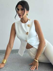 Firerie 女士优雅精致浪漫通勤新款时尚日常金属纽扣腰部 A 字下摆无袖白色衬衫上衣 - 白色 - 查看 6