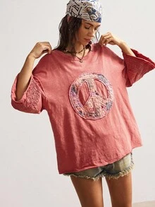 Bohemela 波西米亚风女式休闲复古纯色和平标志贴花休闲针织圆领 3/4 袖宽松水洗 T 恤，西部复古乡村风格度假，适合夏季/秋季/冬季 - 紅色 - 查看 6