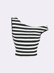 SHEIN Tween Girl Casual Asymmetric Textured Black & White Striped Cropped Off-Shoulder T-Shirt And Pants 2 Pieces Set Two Piece Set Striped Two Piece Set Two Piece Pantsuit