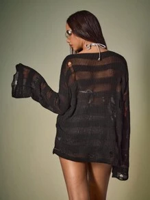 Shutterstock Y2Kool Suéter suelto con estampado de retrato sexy, calado, para mujer. Parte superior de punto para otoño/invierno, casual, vacaciones, fiesta, estilo Y2K. Blusa de manga larga transparente, top de malla, top de punto, cubierta básica, top gráfico de invierno - Negro - Ver 4