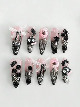 Grunge Punk 10 Stück Y2K Baddie Stil Schwarze Rose, Totenkopf, Spinne, Hase, Schleife, Auge, Kreuz handbemalte hochwertige Kunstnägel + 3 Stück doppelseitige Klebestreifen, abnehmbare & wiederverwendbare Glitzer Schwarz & Pink Farbverlauf Nail Art Sticker, geeignet für Feiertage, Partys, Tanzen und den täglichen Gebrauch, Halloween