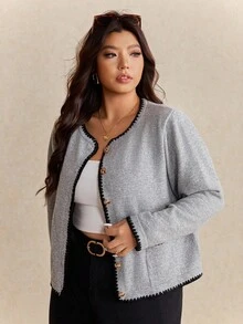 Elaquor Áo khoác cardigan cài nút phía trước hai túi viền tương phản thường ngày cỡ lớn cho mùa thu/đông - Hồng - Xem 6