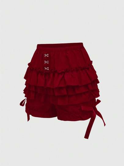 Goth Women's Cute 3-Layer Ruffle Hem Bow Decor Pumpkin Shorts