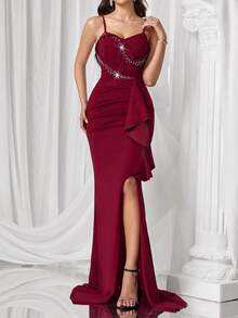 Coutiva 女士正式晚礼服，精致细肩带，无袖，荷叶边下摆，合身，水钻装饰，优雅连衣裙 - 酒紅色 - 查看 7