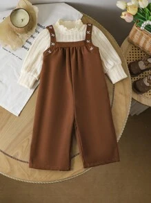 SHEIN Vintaside Kids 女婴针织提花高领长袖上衣和编织花卉刺绣围兜连体衣秋季服装套装，秋冬 - 巧克力棕 - 查看 9