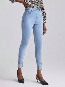 Slaydiva Women's Slim Fit Solid Color Cuffed Metal Chain Decor Versatile Fashion Jeans - Blue - View 3