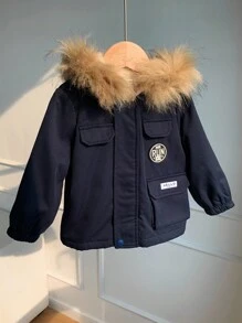 SHEIN 男婴保暖加厚外套，舒适百搭，休闲时尚，日常实用风格，带人造毛领连帽，长袖绗缝外套，适合室内、室外、日常、运动、玩耍、派对、假日、返校季、街头穿搭、秋冬季穿着。 - 藏蓝色 - 查看 7