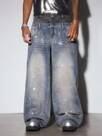 Street Life Jeans de mode de rue pour hommes avec double ceinture et poches ornées de strass