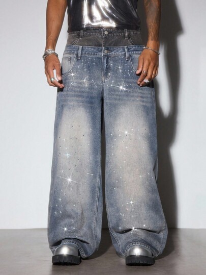 Street Life Jeans de mode de rue pour hommes avec double ceinture et poches ornées de strass