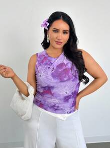 SHEIN Privé Áo không tay thanh lịch dành cho nữ cỡ lớn, chất liệu vải lưới co giãn xếp ly in họa tiết ngẫu nhiên, thích hợp cho mùa xuân/hè đi biển, nghỉ mát, dạo chơi thường ngày. - Màu tím - Xem 2