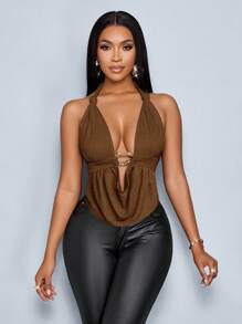 SOLERSUN Spring And Summer Women's Wear Leisure Vacation Apricot Deep V-Neck Halter Straps Front Center Metal Buckle Gathered Shoulder Straps Twist Curved Hem Backless Straps Knitted Textured Fabric Top Halter Top - Brown - View 7