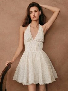 SHEIN Unity 米色系带吊带刺绣黄色格子花卉印花褶饰腰部迷你连衣裙，婚礼宾客礼服，仙女裙，露肩 - 黃色 - 查看 6