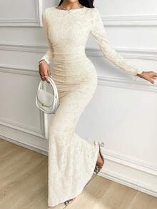 Veilorie 女式优雅简约纹理褶饰鱼尾下摆连衣裙 - 杏色 - 查看 4