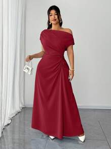 Elenzga Vestido elegante ajustado con hombros caídos y drapeado para tallas grandes - Rojo - View 3