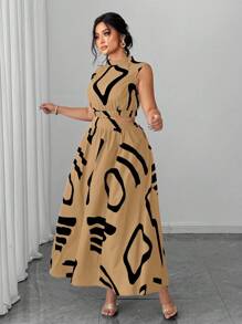 Elenzga 大码无袖短款上衣性感优雅休闲/度假连衣裙 - 卡其色 - 查看 4