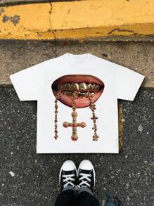 Rovax Women's Fashionable Lip & Chain Print Short Sleeve T-Shirt, Summer - White - View 3