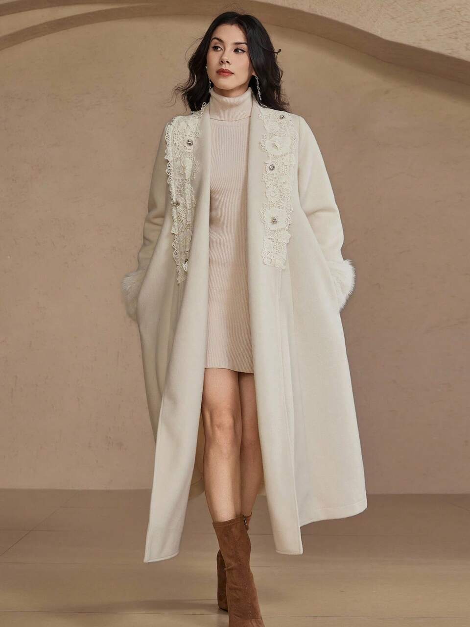 Autumn/Winter Fluffy Patchwork Loose Business Casual New Year Christmas Wedding Party Fashion Sequin Beaded Hollow Lace Trim Mid-Length Women Overcoat