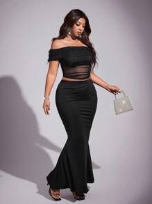 Viva Relle 大码女式优雅性感露肩网眼上衣和弹力针织紧身裙两件套，夏季