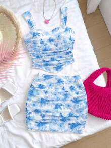 SHEIN Tween Girl Casual Floral Print Asymmetrical Hem Tank Top And Skirt Set, Comfortable & Minimalist