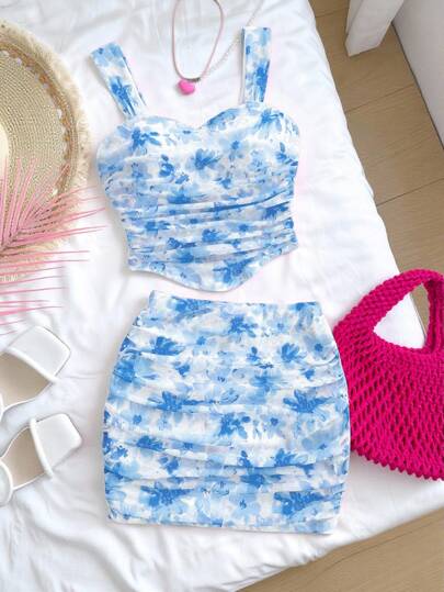 SHEIN Tween Girl Casual Blommigt Linne Med Asymmetrisk Fåll, Bekvämt & Minimalistiskt